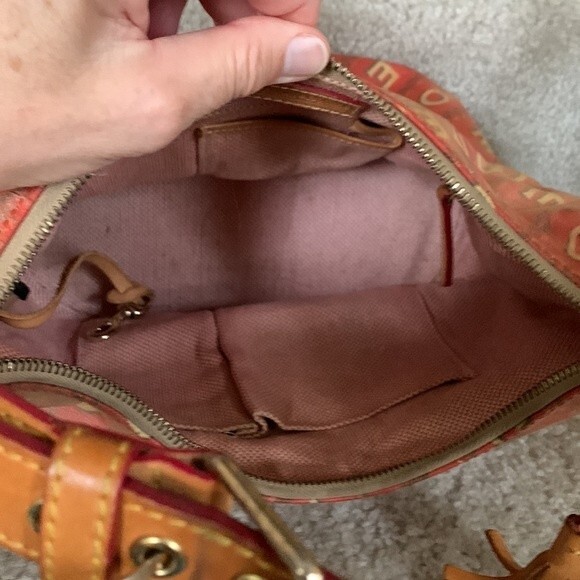 Dooney & Bourke Red Tan Coated Fabric Tan Leather Signature Print Shoulder Bag - Picture 9 of 15